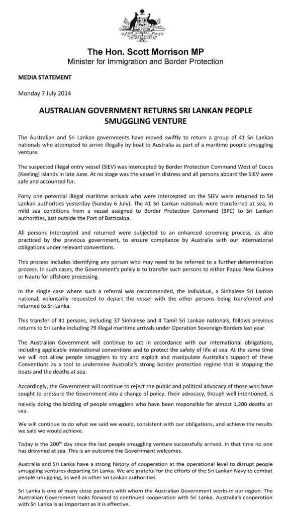 Media release about Sri Lankan Tamil handover