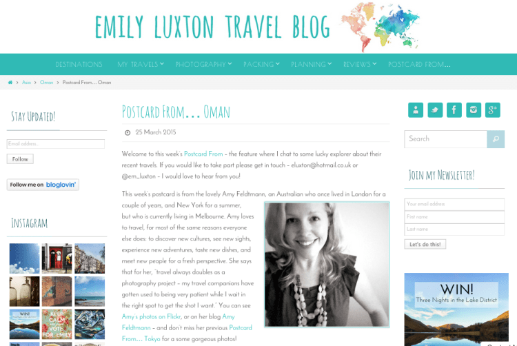 Screenshot of Emily Luxton Travel Blog story 'Postcard from... Oman'