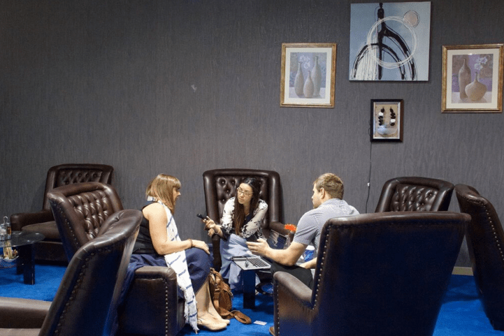 Sue Turton, one of the (then) Al Jazeera journalists who was in trial in absentia in Cairo being interviewed by Scherry Bloul (middle) and Zac Schroedl (right).