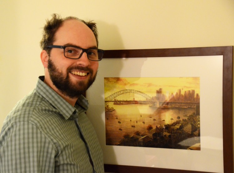 With a watercolour of Sydney Harbour and Bridge (Photo supplied by Lucasz)