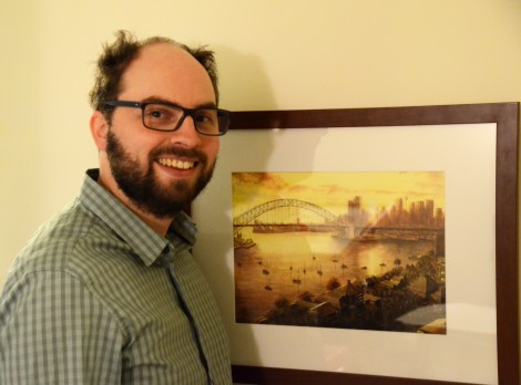 With a watercolour of Sydney Harbour and Bridge (Photo supplied by Lucasz)
